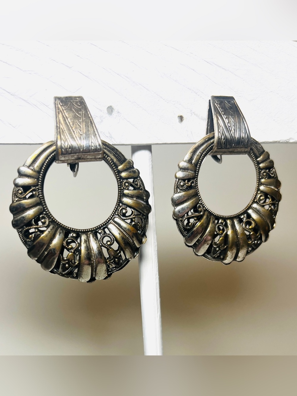 SIGNED Miriam Haskell '60s-'70s Lg Door-Knocker Earrings Screw-Back VTG Clip-On